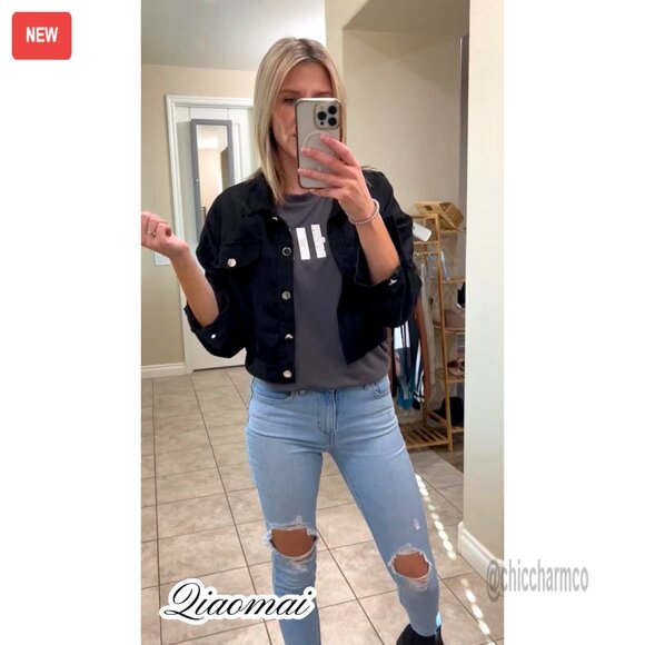 Cropped Corduroy Shacket Puff Sleeve Loose Fit Button Down Casual Jacket - Picture 6 of 7